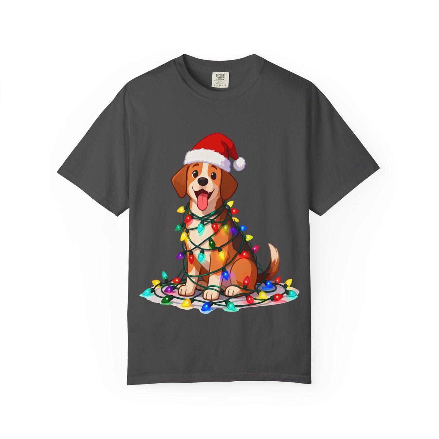 Festive Pup Sparkles: Holiday Hound in Lights, Whimsical Christmas Cartoon T-shirt – Custom T-Shirt by PixelCraft360, unique decoration for events and special gifts