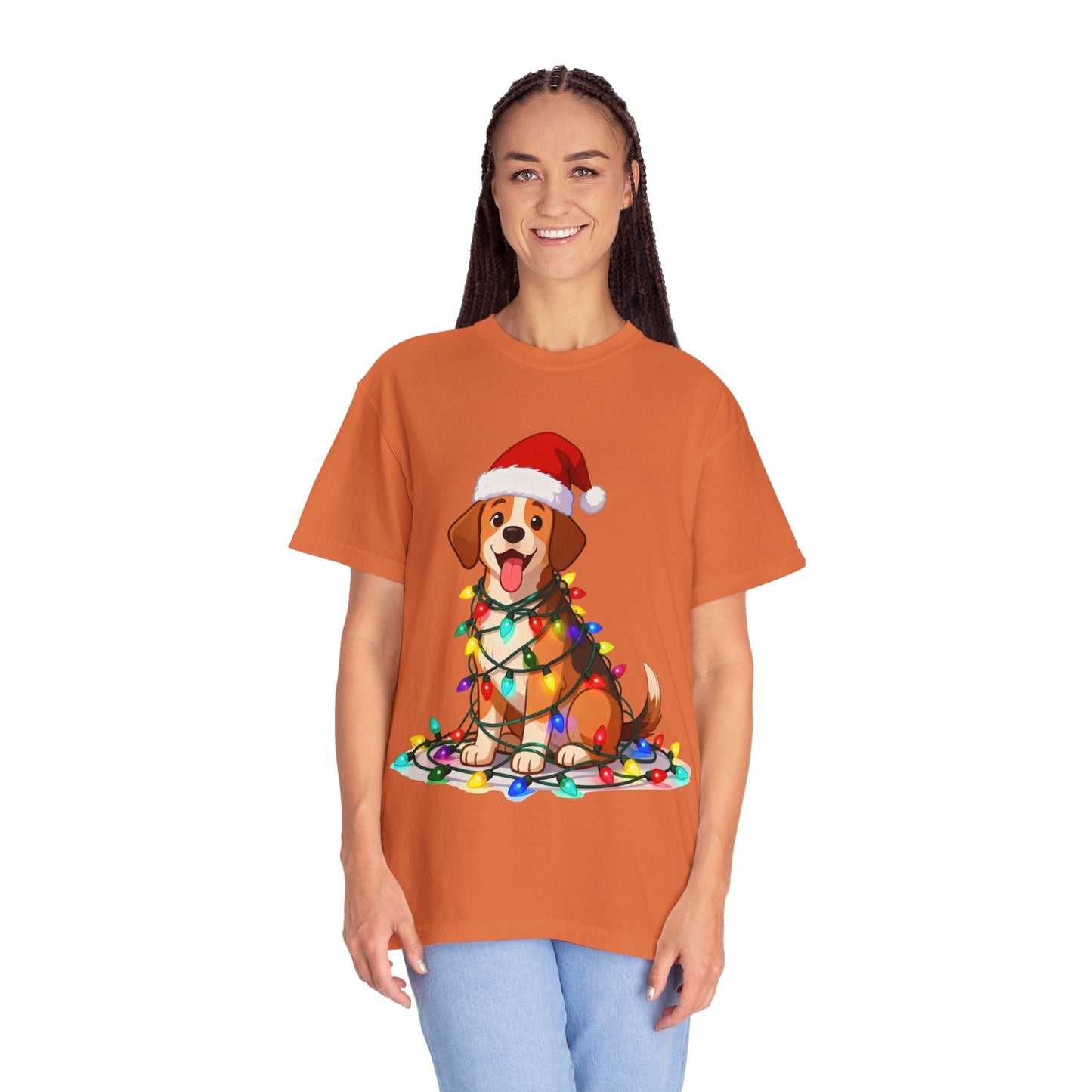 Festive Pup Sparkles: Holiday Hound in Lights, Whimsical Christmas Cartoon T-shirt – Custom T-Shirt by PixelCraft360, unique decoration for events and special gifts