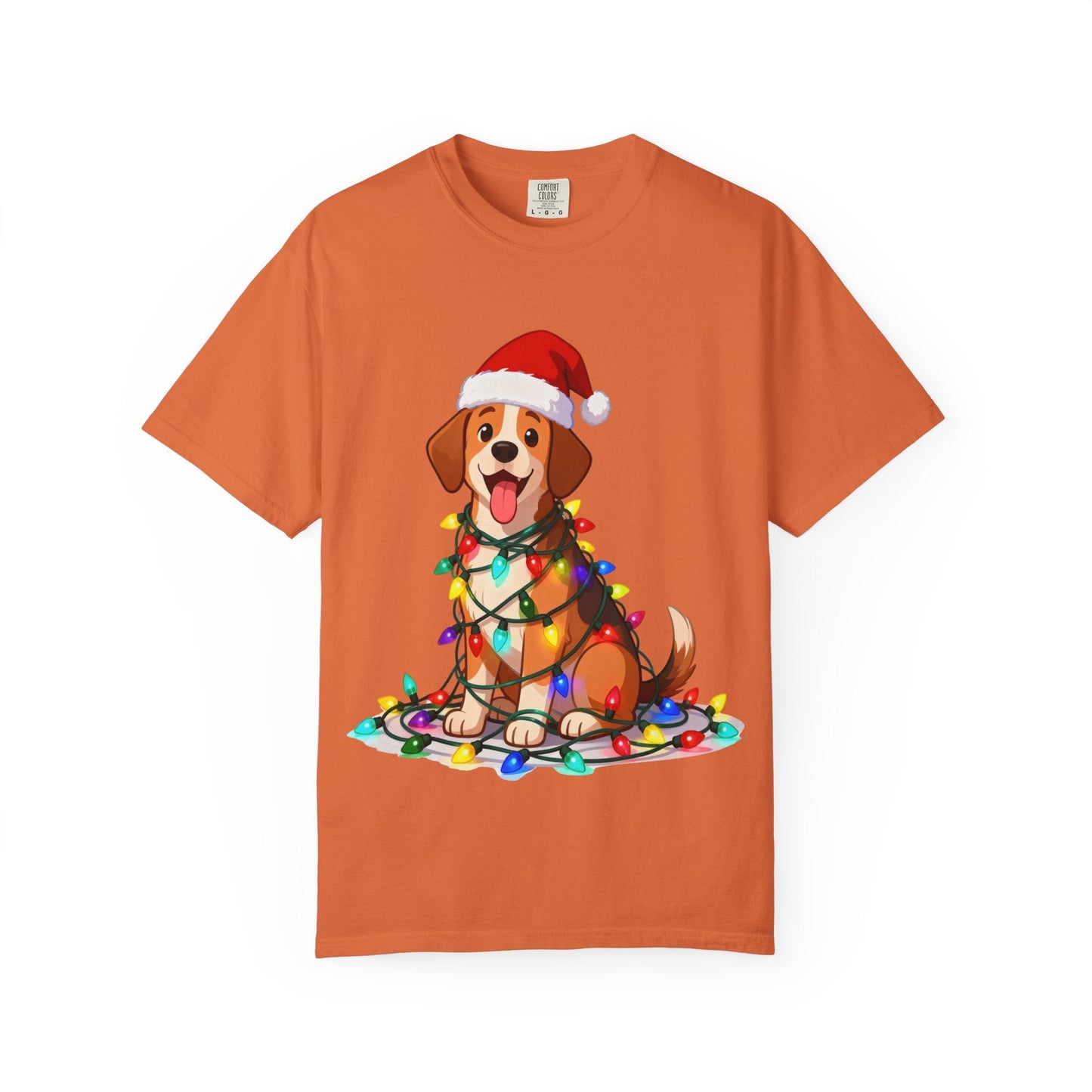 Festive Pup Sparkles: Holiday Hound in Lights, Whimsical Christmas Cartoon T-shirt – Custom T-Shirt by PixelCraft360, unique decoration for events and special gifts