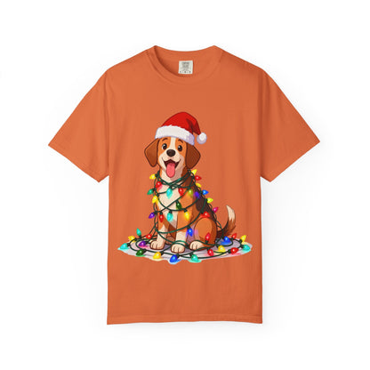 Festive Pup Sparkles: Holiday Hound in Lights, Whimsical Christmas Cartoon T-shirt – Custom T-Shirt by PixelCraft360, unique decoration for events and special gifts
