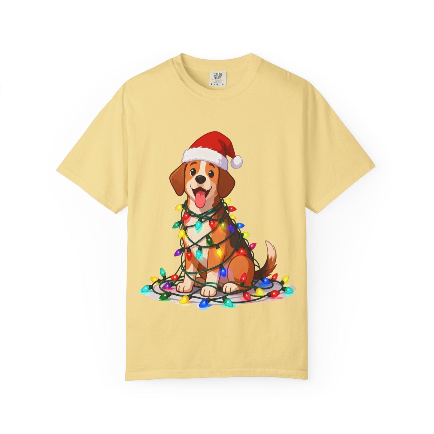 Festive Pup Sparkles: Holiday Hound in Lights, Whimsical Christmas Cartoon T-shirt – Custom T-Shirt by PixelCraft360, unique decoration for events and special gifts