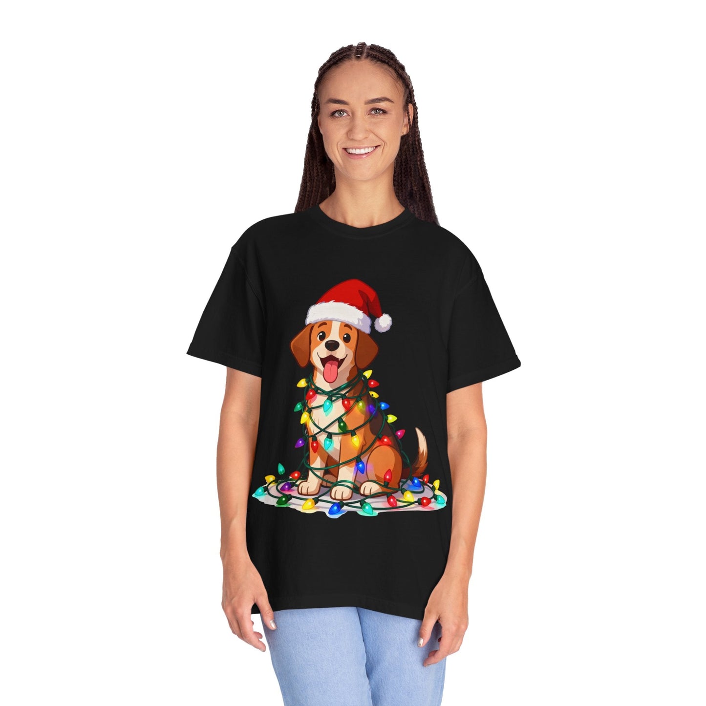 Festive Pup Sparkles: Holiday Hound in Lights, Whimsical Christmas Cartoon T-shirt – Custom T-Shirt by PixelCraft360, unique decoration for events and special gifts