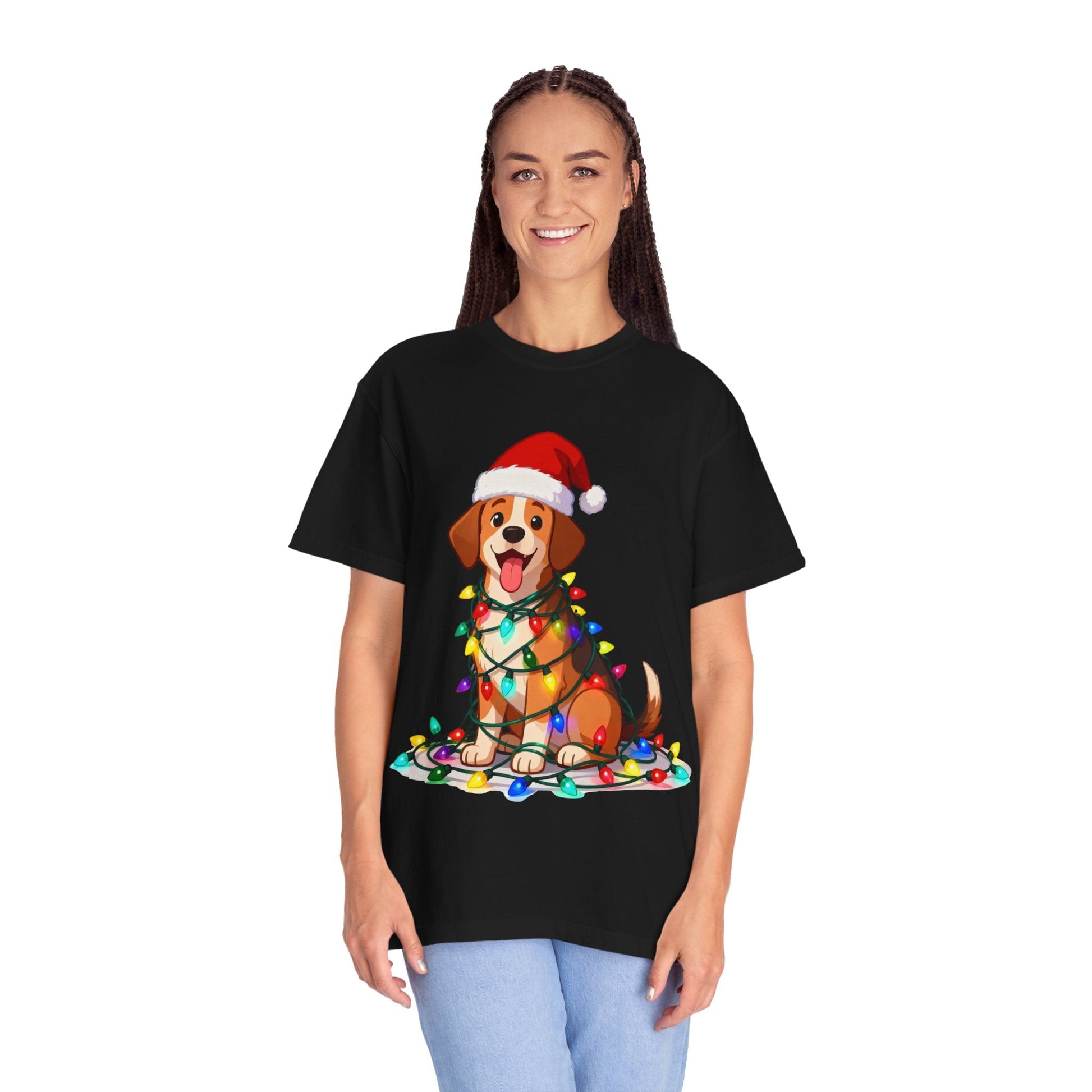 Festive Pup Sparkles: Holiday Hound in Lights, Whimsical Christmas Cartoon T-shirt – Custom T-Shirt by PixelCraft360, unique decoration for events and special gifts