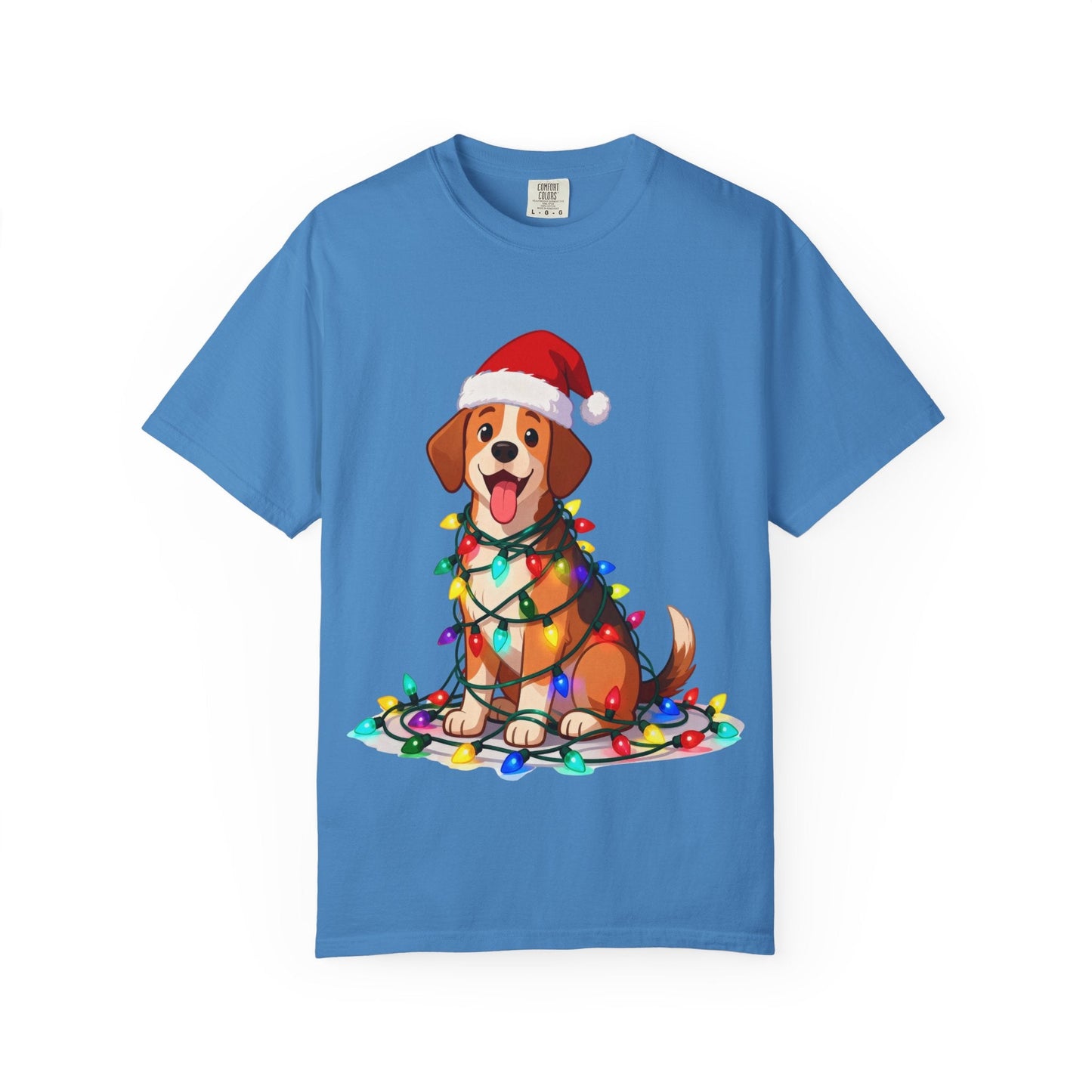 Festive Pup Sparkles: Holiday Hound in Lights, Whimsical Christmas Cartoon T-shirt – Custom T-Shirt by PixelCraft360, unique decoration for events and special gifts