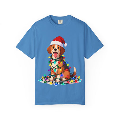 Festive Pup Sparkles: Holiday Hound in Lights, Whimsical Christmas Cartoon T-shirt – Custom T-Shirt by PixelCraft360, unique decoration for events and special gifts