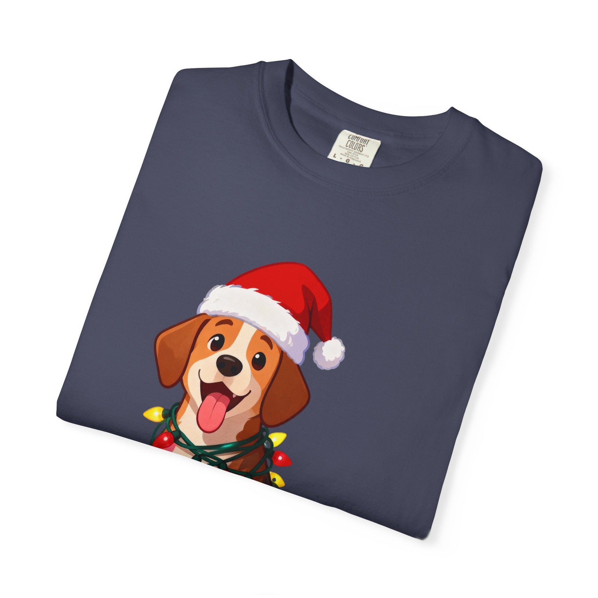 Festive Pup Sparkles: Holiday Hound in Lights, Whimsical Christmas Cartoon T-shirt – Custom T-Shirt by PixelCraft360, unique decoration for events and special gifts