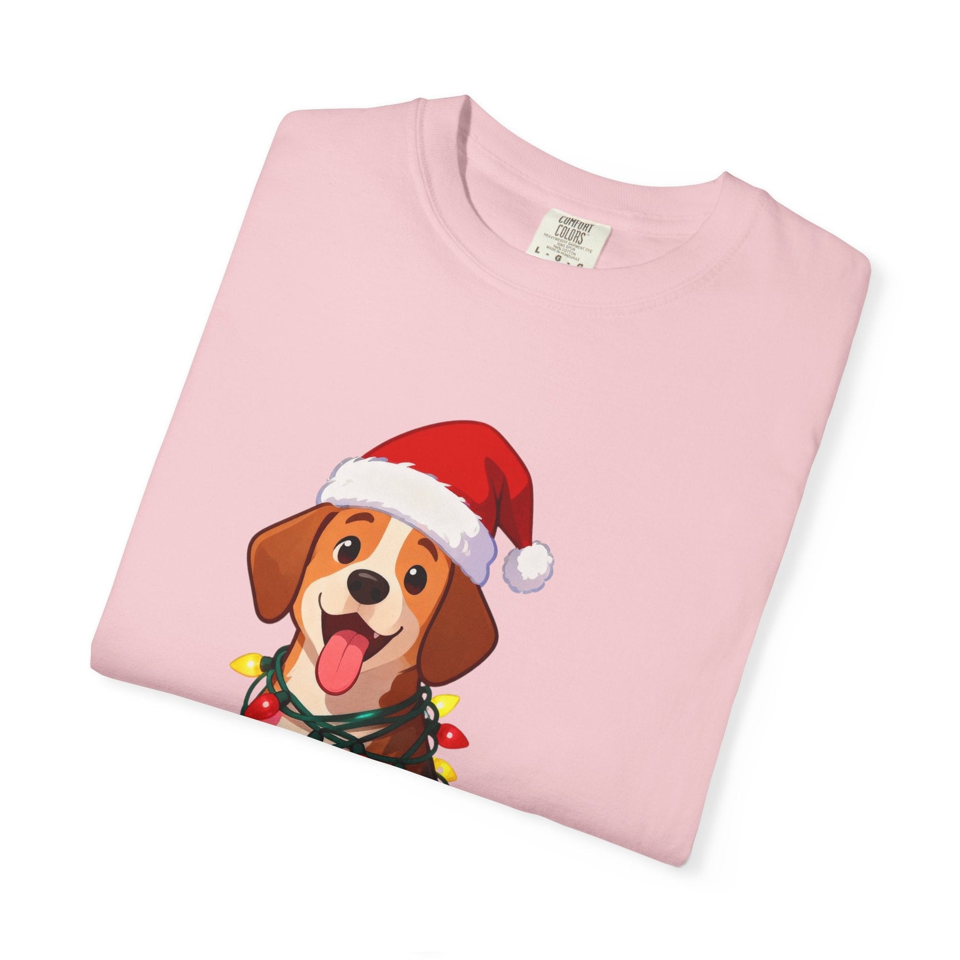 Festive Pup Sparkles: Holiday Hound in Lights, Whimsical Christmas Cartoon T-shirt – Custom T-Shirt by PixelCraft360, unique decoration for events and special gifts