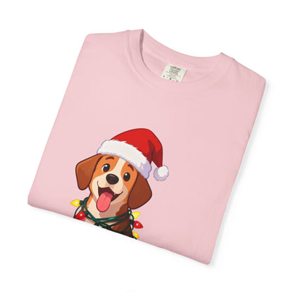 Festive Pup Sparkles: Holiday Hound in Lights, Whimsical Christmas Cartoon T-shirt – Custom T-Shirt by PixelCraft360, unique decoration for events and special gifts