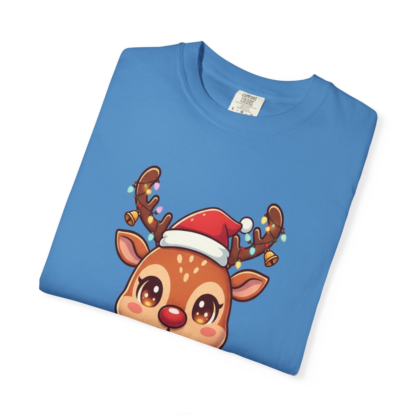 Festive Reindeer Delight: Kawaii Christmas Character, Cute Holiday Digital Illustration T-shirt – Custom T-Shirt by PixelCraft360, unique decoration for events and special gifts