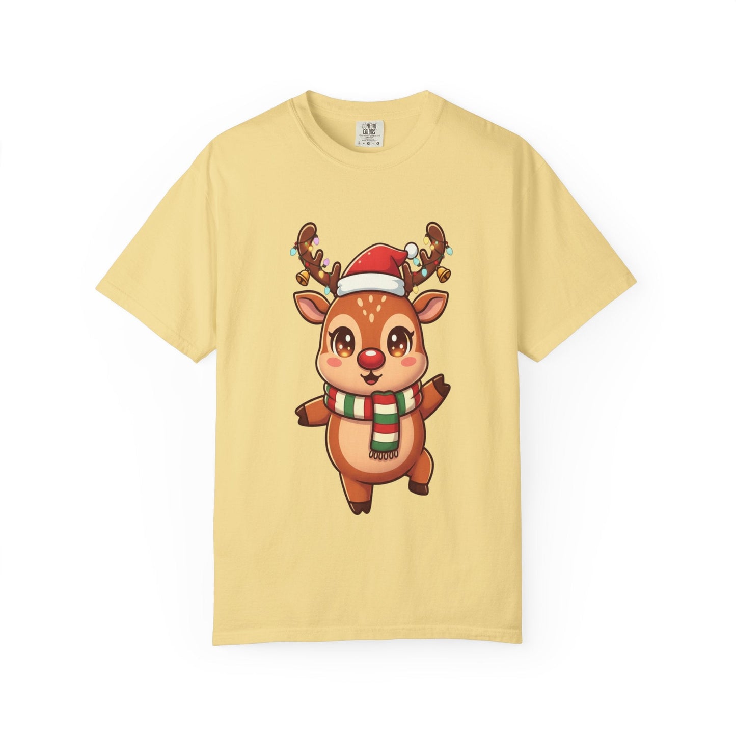 Festive Reindeer Delight: Kawaii Christmas Character, Cute Holiday Digital Illustration T-shirt – Custom T-Shirt by PixelCraft360, unique decoration for events and special gifts