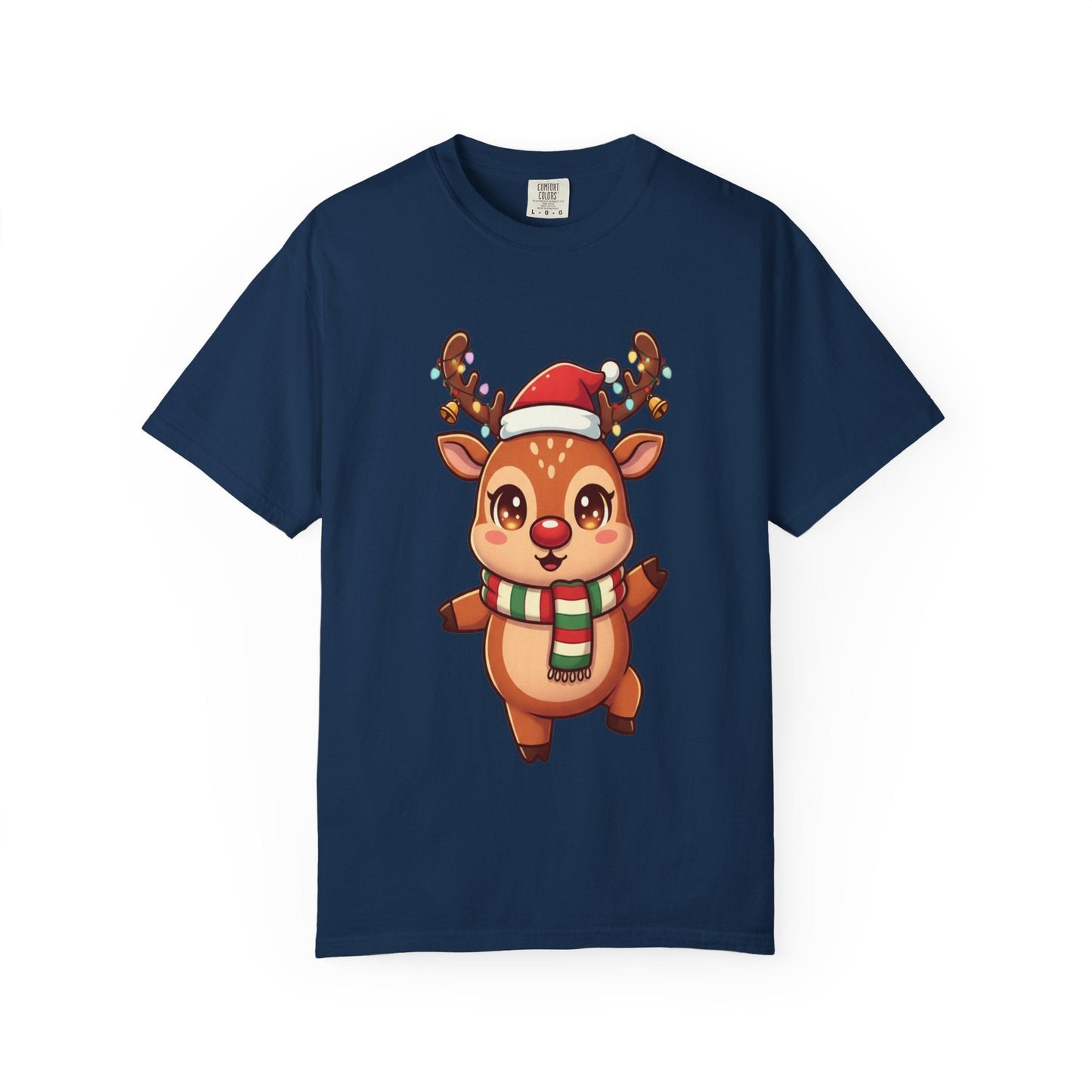 Festive Reindeer Delight: Kawaii Christmas Character, Cute Holiday Digital Illustration T-shirt – Custom T-Shirt by PixelCraft360, unique decoration for events and special gifts