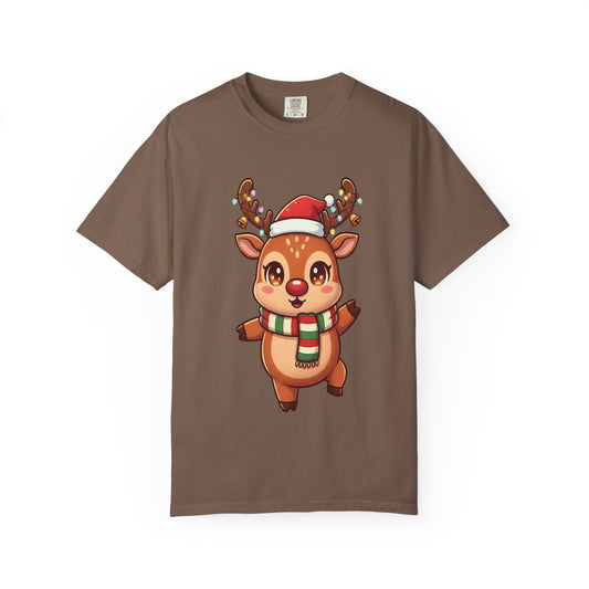 Festive Reindeer Delight: Kawaii Christmas Character, Cute Holiday Digital Illustration T-shirt – Custom T-Shirt by PixelCraft360, unique decoration for events and special gifts