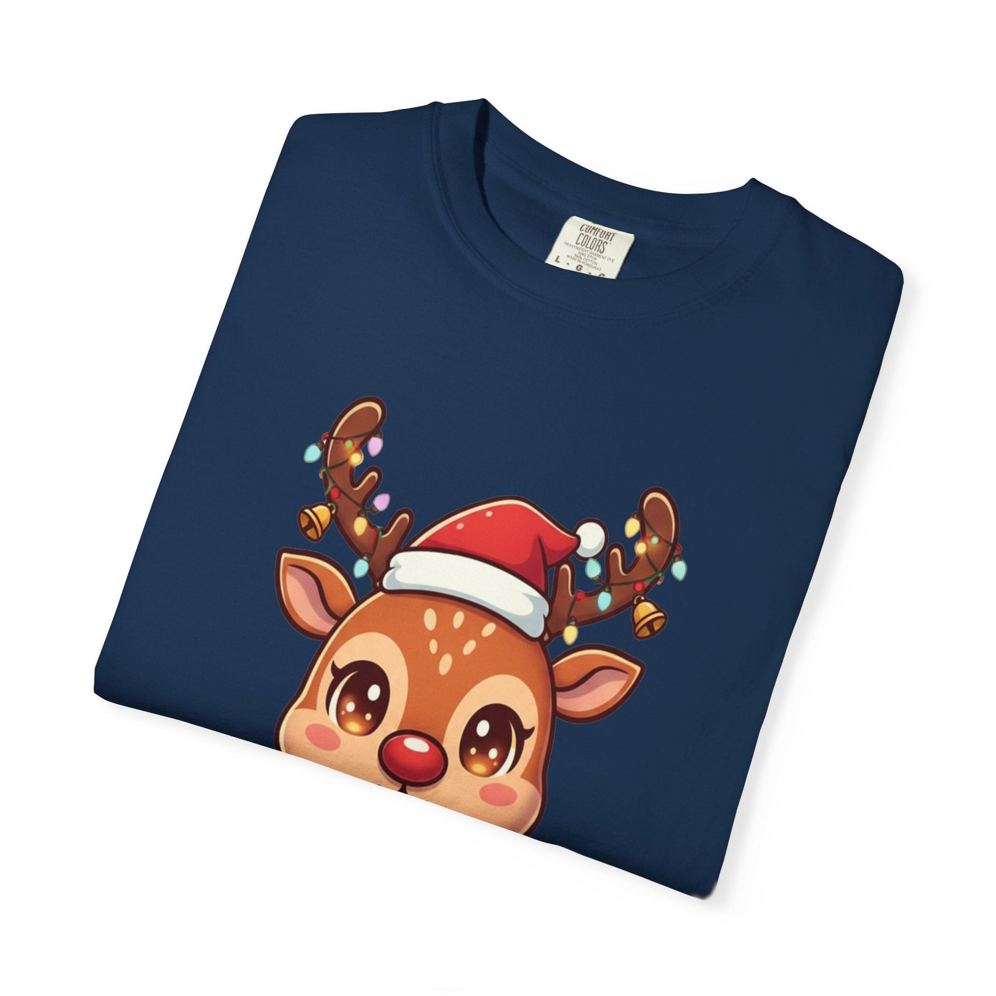 Festive Reindeer Delight: Kawaii Christmas Character, Cute Holiday Digital Illustration T-shirt – Custom T-Shirt by PixelCraft360, unique decoration for events and special gifts
