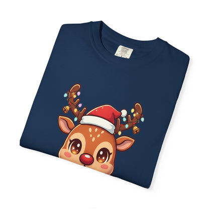 Festive Reindeer Delight: Kawaii Christmas Character, Cute Holiday Digital Illustration T-shirt – Custom T-Shirt by PixelCraft360, unique decoration for events and special gifts
