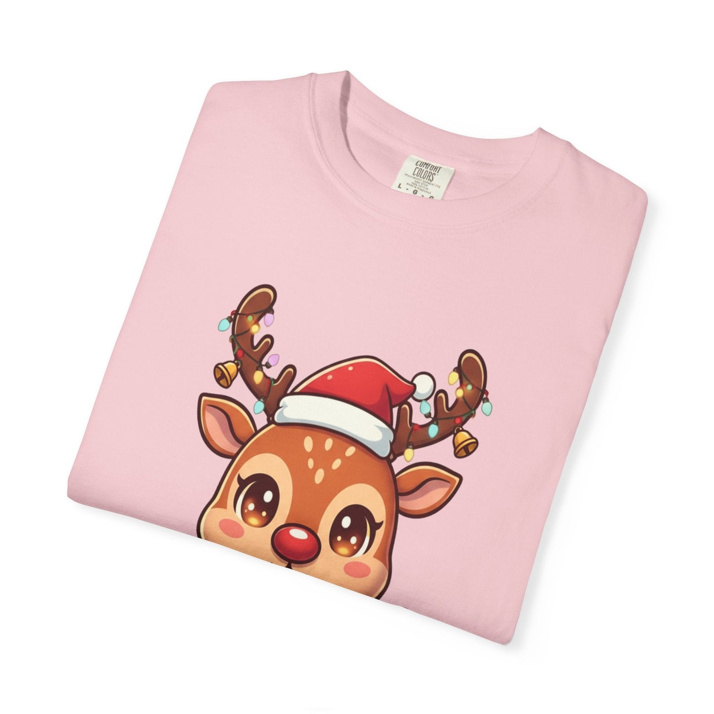 Festive Reindeer Delight: Kawaii Christmas Character, Cute Holiday Digital Illustration T-shirt – Custom T-Shirt by PixelCraft360, unique decoration for events and special gifts