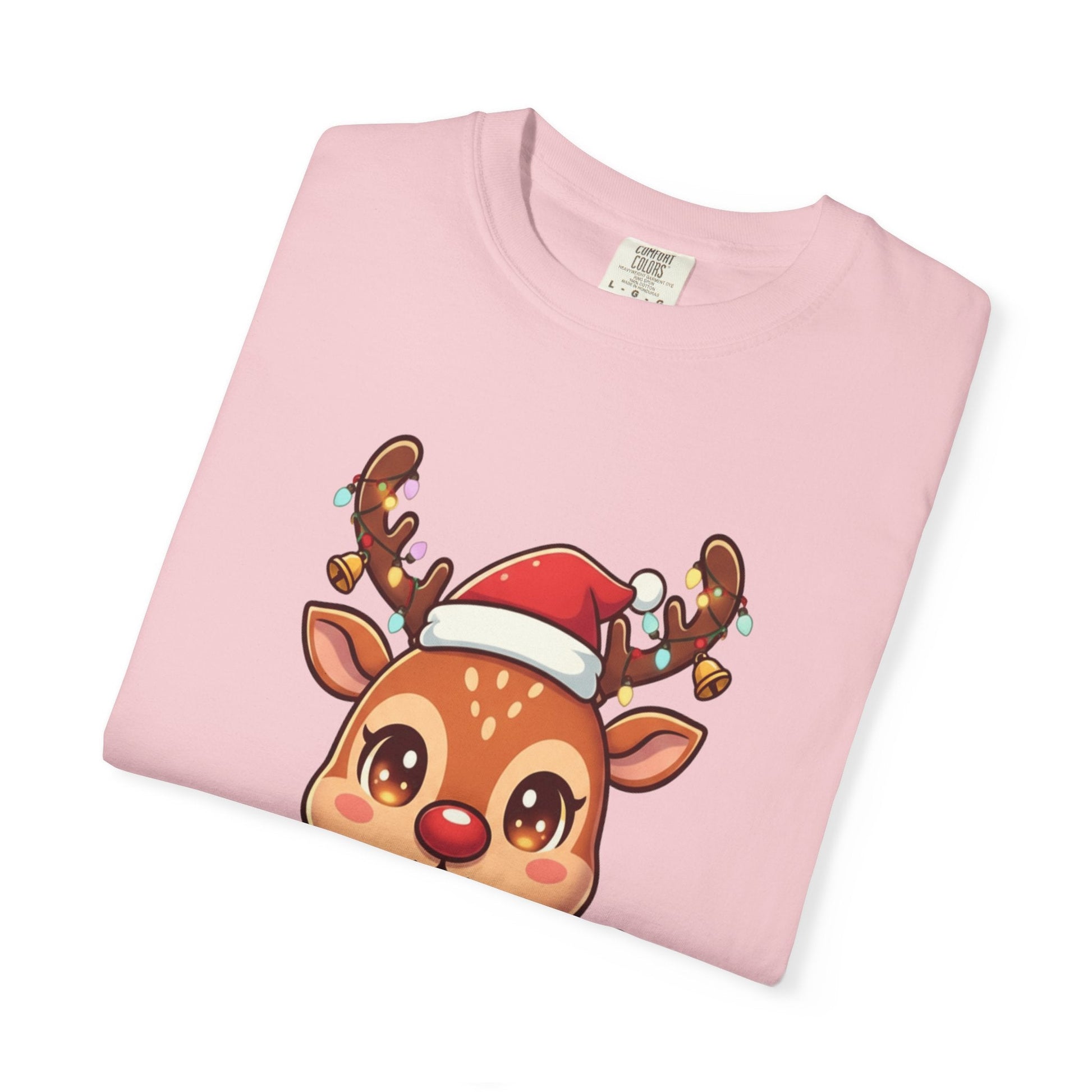 Festive Reindeer Delight: Kawaii Christmas Character, Cute Holiday Digital Illustration T-shirt – Custom T-Shirt by PixelCraft360, unique decoration for events and special gifts