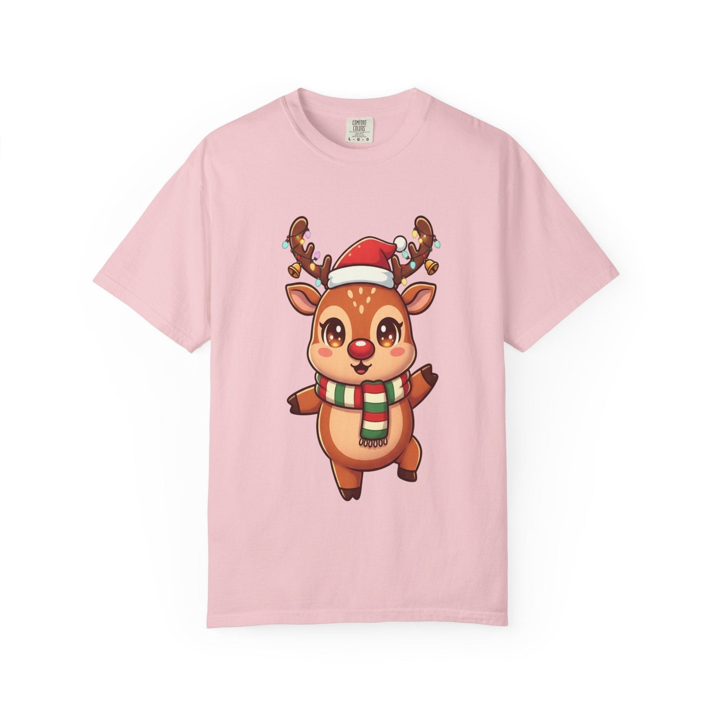 Festive Reindeer Delight: Kawaii Christmas Character, Cute Holiday Digital Illustration T-shirt – Custom T-Shirt by PixelCraft360, unique decoration for events and special gifts
