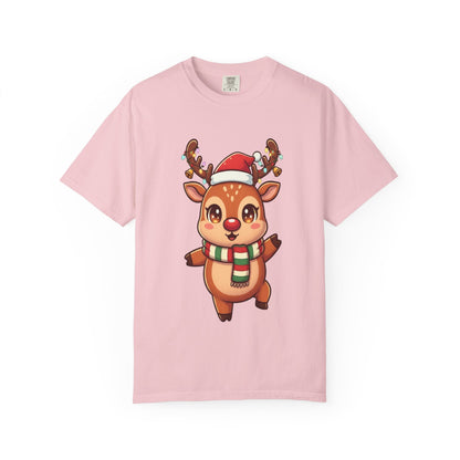 Festive Reindeer Delight: Kawaii Christmas Character, Cute Holiday Digital Illustration T-shirt – Custom T-Shirt by PixelCraft360, unique decoration for events and special gifts