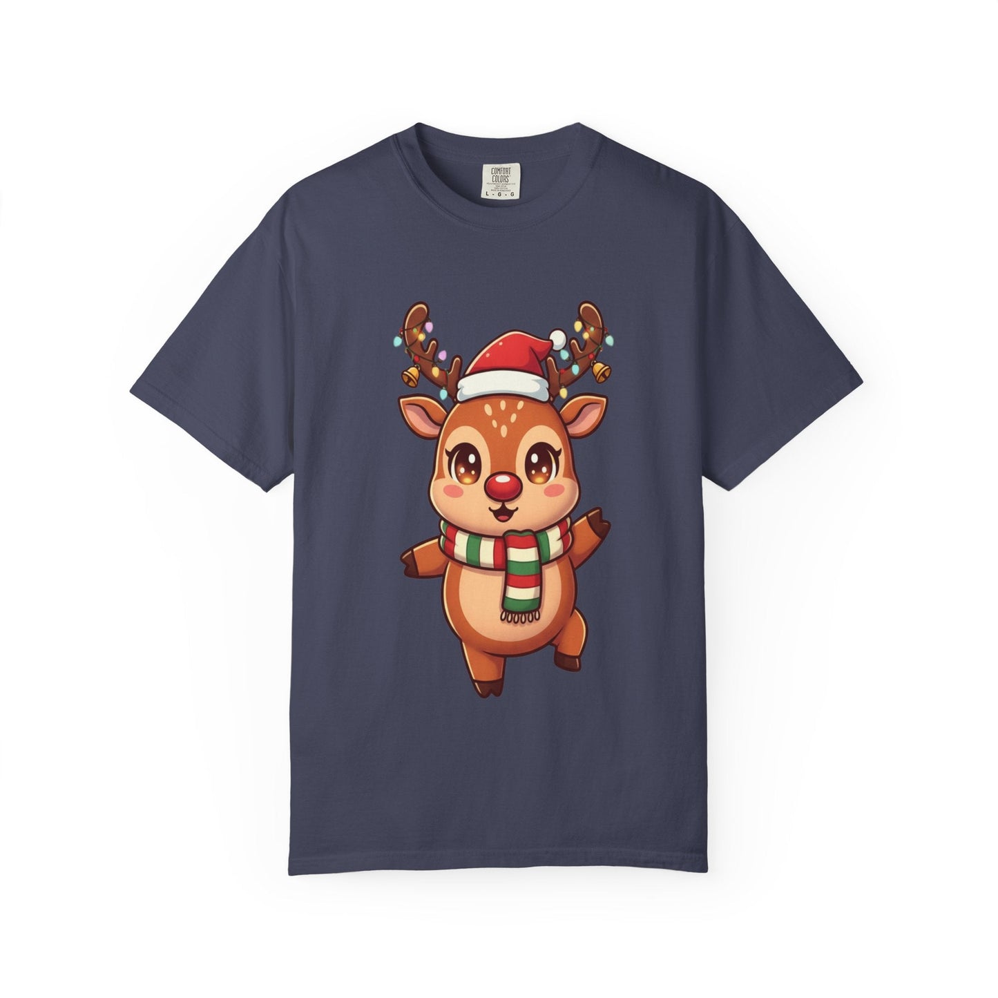 Festive Reindeer Delight: Kawaii Christmas Character, Cute Holiday Digital Illustration T-shirt – Custom T-Shirt by PixelCraft360, unique decoration for events and special gifts