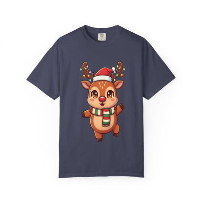 Festive Reindeer Delight: Kawaii Christmas Character, Cute Holiday Digital Illustration T-shirt – Custom T-Shirt by PixelCraft360, unique decoration for events and special gifts