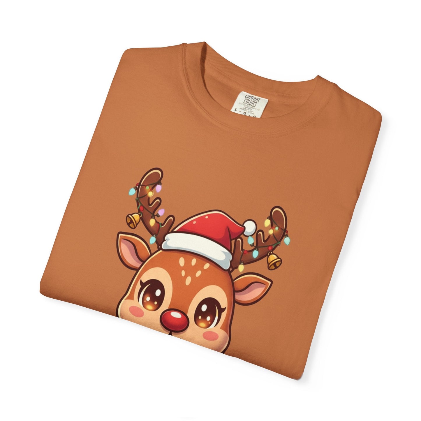 Festive Reindeer Delight: Kawaii Christmas Character, Cute Holiday Digital Illustration T-shirt – Custom T-Shirt by PixelCraft360, unique decoration for events and special gifts