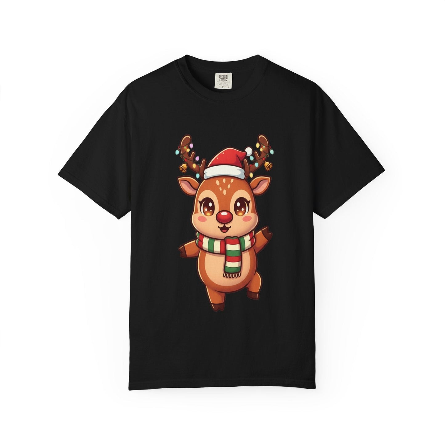 Festive Reindeer Delight: Kawaii Christmas Character, Cute Holiday Digital Illustration T-shirt – Custom T-Shirt by PixelCraft360, unique decoration for events and special gifts