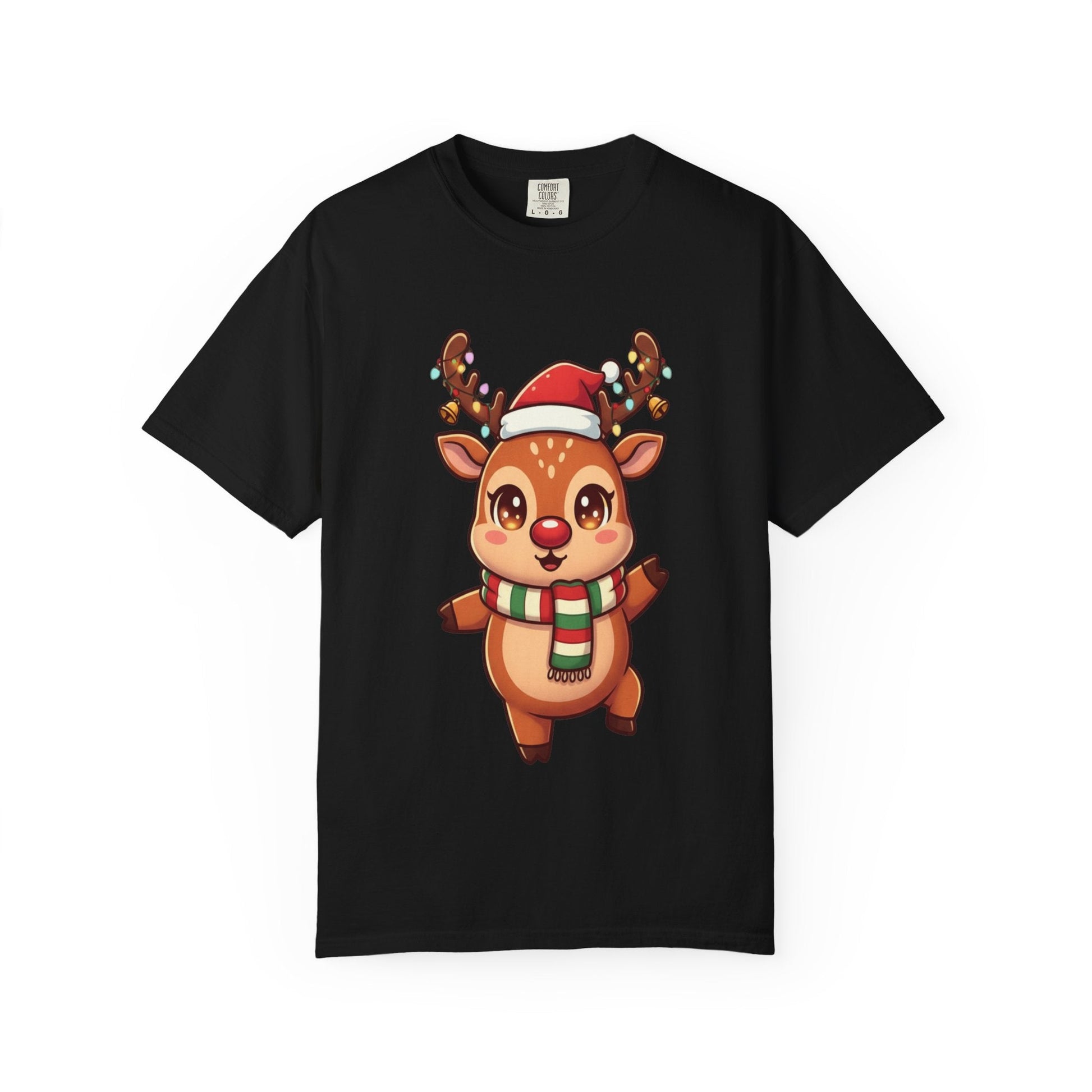 Festive Reindeer Delight: Kawaii Christmas Character, Cute Holiday Digital Illustration T-shirt – Custom T-Shirt by PixelCraft360, unique decoration for events and special gifts