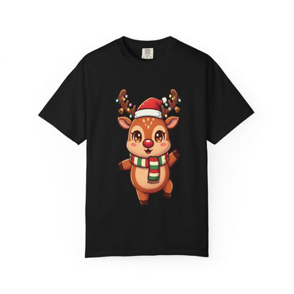 Festive Reindeer Delight: Kawaii Christmas Character, Cute Holiday Digital Illustration T-shirt – Custom T-Shirt by PixelCraft360, unique decoration for events and special gifts