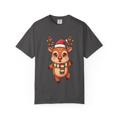 Festive Reindeer Delight: Kawaii Christmas Character, Cute Holiday Digital Illustration T-shirt – Custom T-Shirt by PixelCraft360, unique decoration for events and special gifts