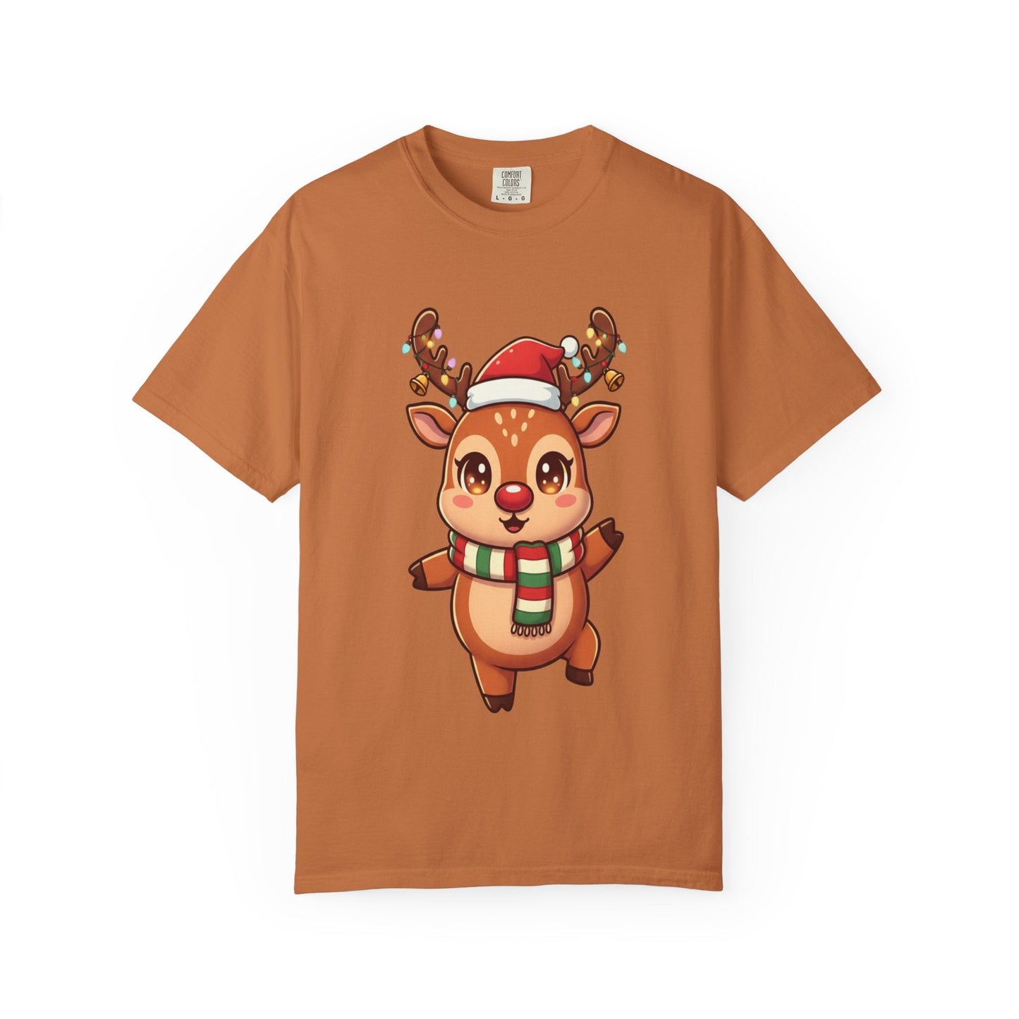 Festive Reindeer Delight: Kawaii Christmas Character, Cute Holiday Digital Illustration T-shirt – Custom T-Shirt by PixelCraft360, unique decoration for events and special gifts