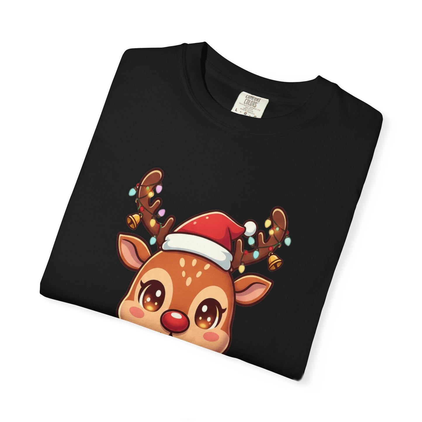 Festive Reindeer Delight: Kawaii Christmas Character, Cute Holiday Digital Illustration T-shirt – Custom T-Shirt by PixelCraft360, unique decoration for events and special gifts