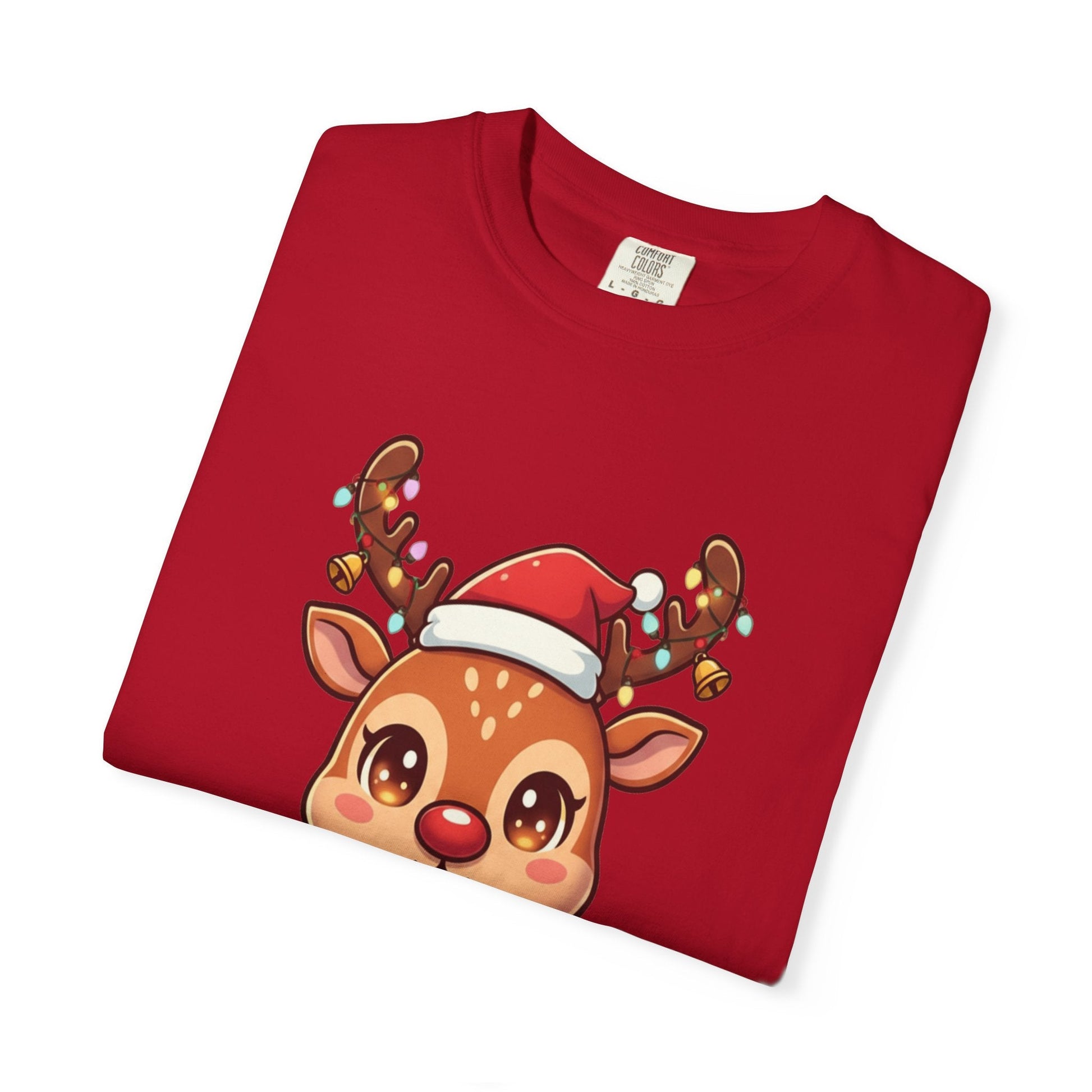 Festive Reindeer Delight: Kawaii Christmas Character, Cute Holiday Digital Illustration T-shirt – Custom T-Shirt by PixelCraft360, unique decoration for events and special gifts