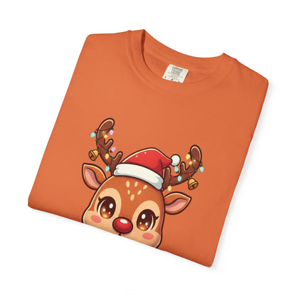 Festive Reindeer Delight: Kawaii Christmas Character, Cute Holiday Digital Illustration T-shirt – Custom T-Shirt by PixelCraft360, unique decoration for events and special gifts