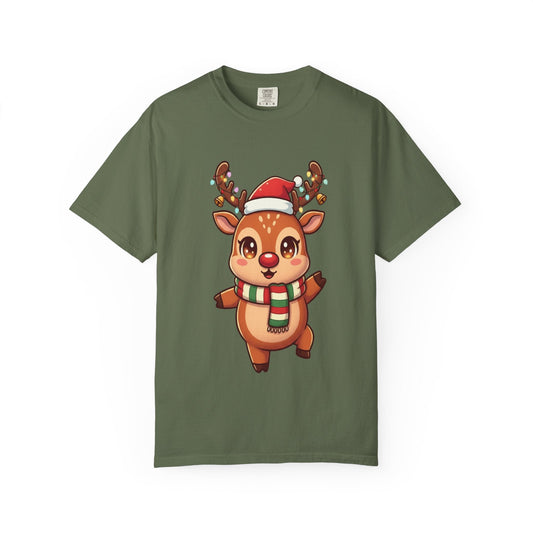 Festive Reindeer Delight: Kawaii Christmas Character, Cute Holiday Digital Illustration T-shirt – Custom T-Shirt by PixelCraft360, unique decoration for events and special gifts