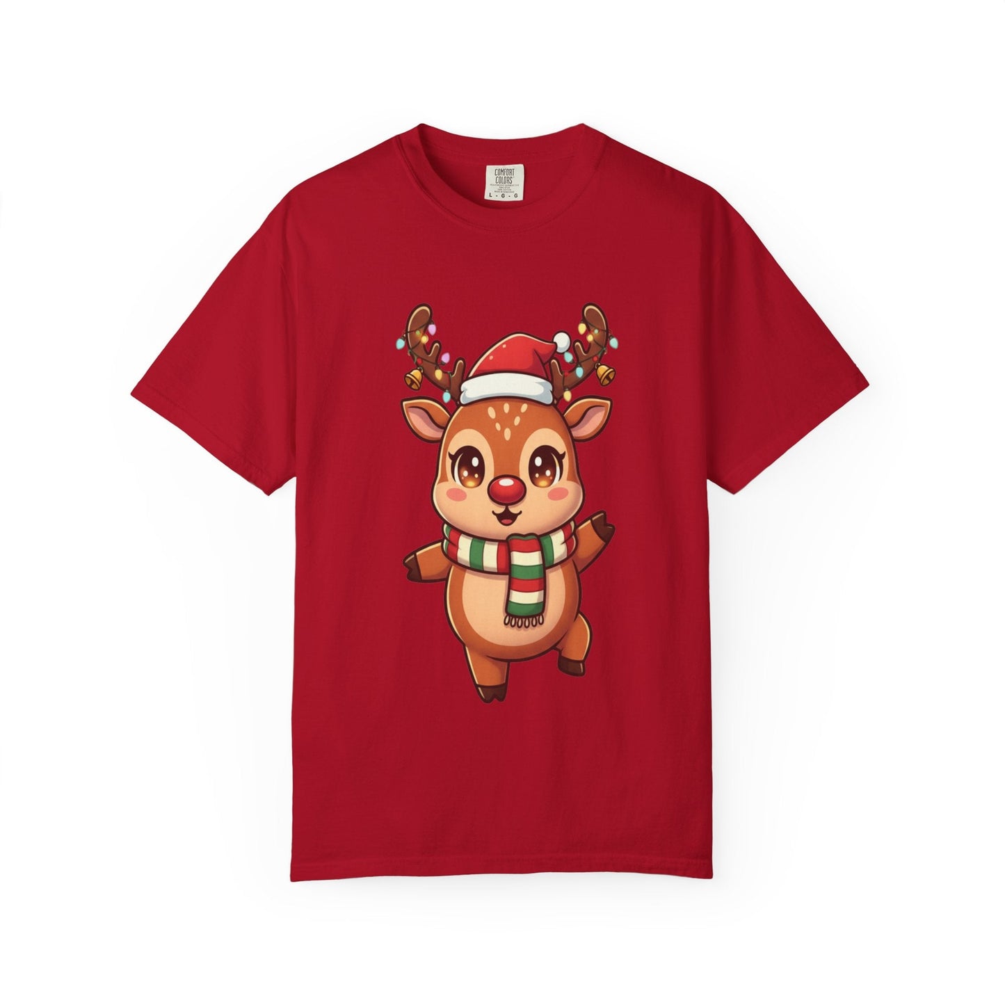 Festive Reindeer Delight: Kawaii Christmas Character, Cute Holiday Digital Illustration T-shirt – Custom T-Shirt by PixelCraft360, unique decoration for events and special gifts