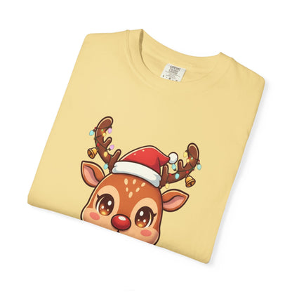Festive Reindeer Delight: Kawaii Christmas Character, Cute Holiday Digital Illustration T-shirt – Custom T-Shirt by PixelCraft360, unique decoration for events and special gifts