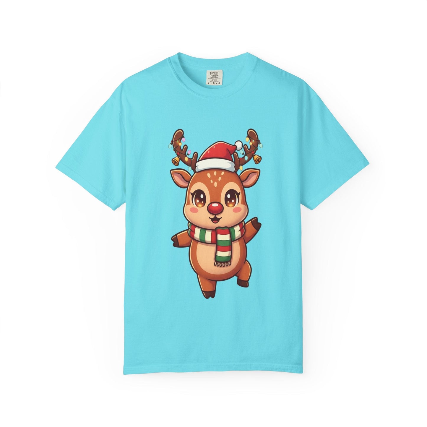 Festive Reindeer Delight: Kawaii Christmas Character, Cute Holiday Digital Illustration T-shirt – Custom T-Shirt by PixelCraft360, unique decoration for events and special gifts