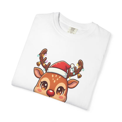 Festive Reindeer Delight: Kawaii Christmas Character, Cute Holiday Digital Illustration T-shirt – Custom T-Shirt by PixelCraft360, unique decoration for events and special gifts