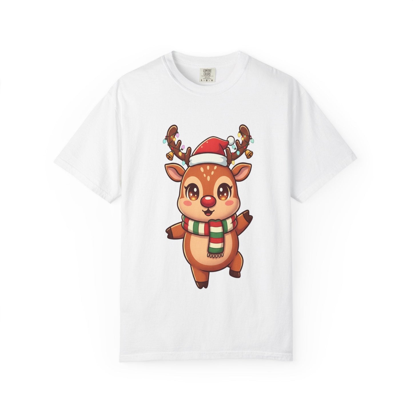 Festive Reindeer Delight: Kawaii Christmas Character, Cute Holiday Digital Illustration T-shirt – Custom T-Shirt by PixelCraft360, unique decoration for events and special gifts