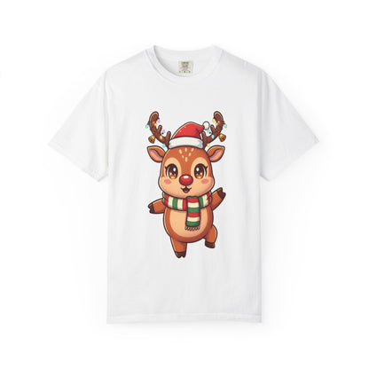 Festive Reindeer Delight: Kawaii Christmas Character, Cute Holiday Digital Illustration T-shirt – Custom T-Shirt by PixelCraft360, unique decoration for events and special gifts