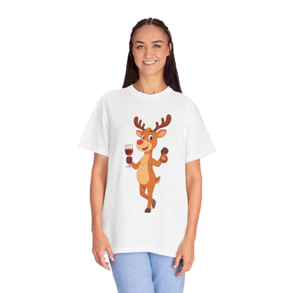 Festive Reindeer Revelry: Cartoon Holiday Celebration, Whimsical Christmas Character DesignT-Shirt – Custom T-Shirt by PixelCraft360, unique decoration for events and special gifts