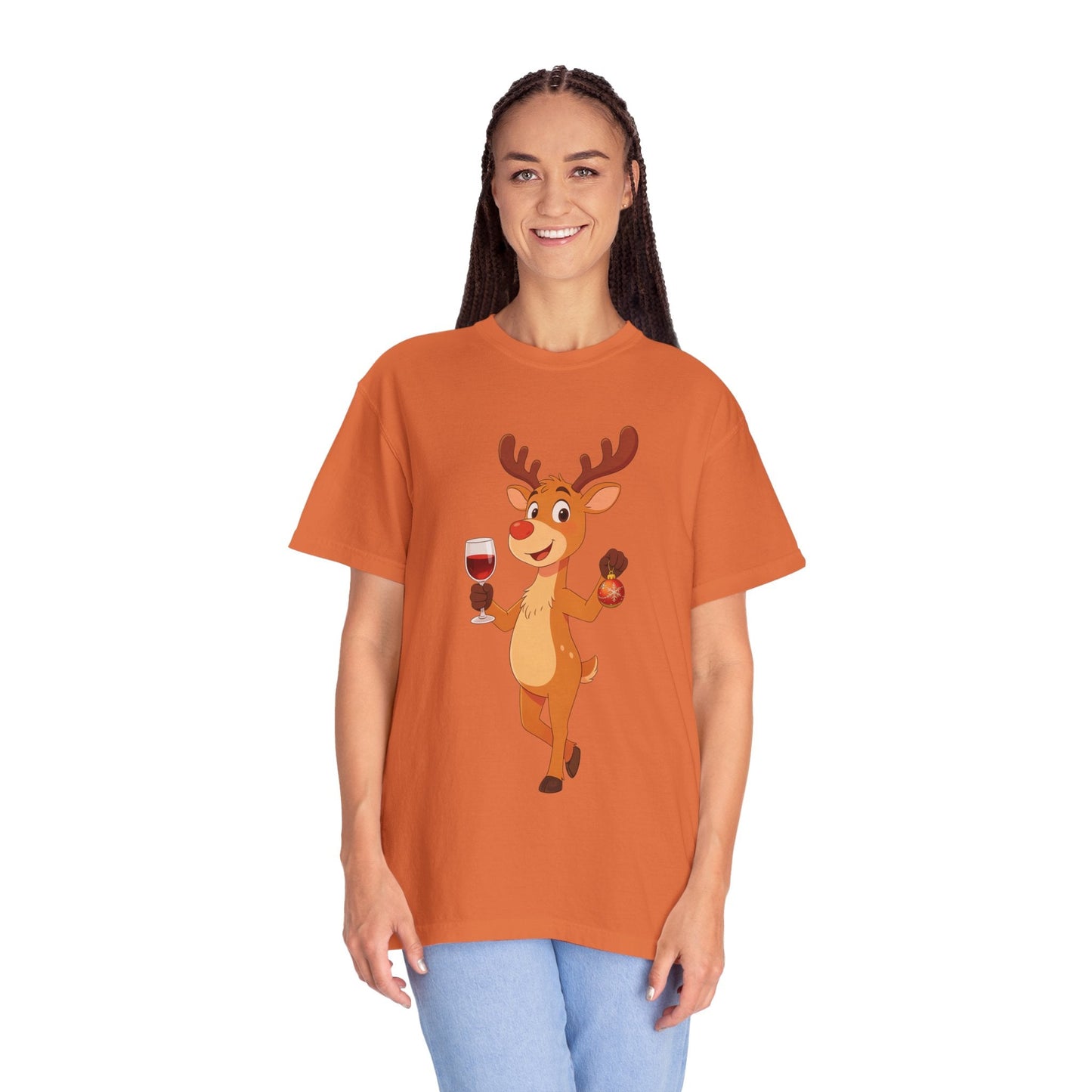 Festive Reindeer Revelry: Cartoon Holiday Celebration, Whimsical Christmas Character DesignT-Shirt – Custom T-Shirt by PixelCraft360, unique decoration for events and special gifts
