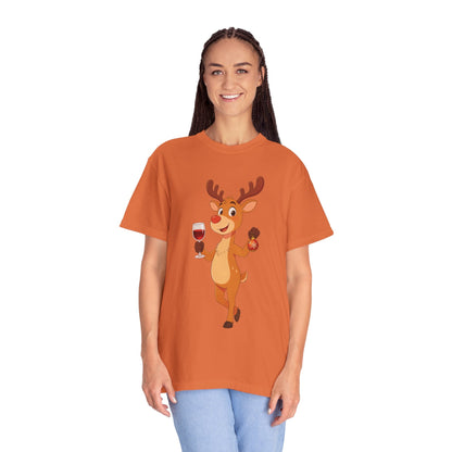 Festive Reindeer Revelry: Cartoon Holiday Celebration, Whimsical Christmas Character DesignT-Shirt – Custom T-Shirt by PixelCraft360, unique decoration for events and special gifts