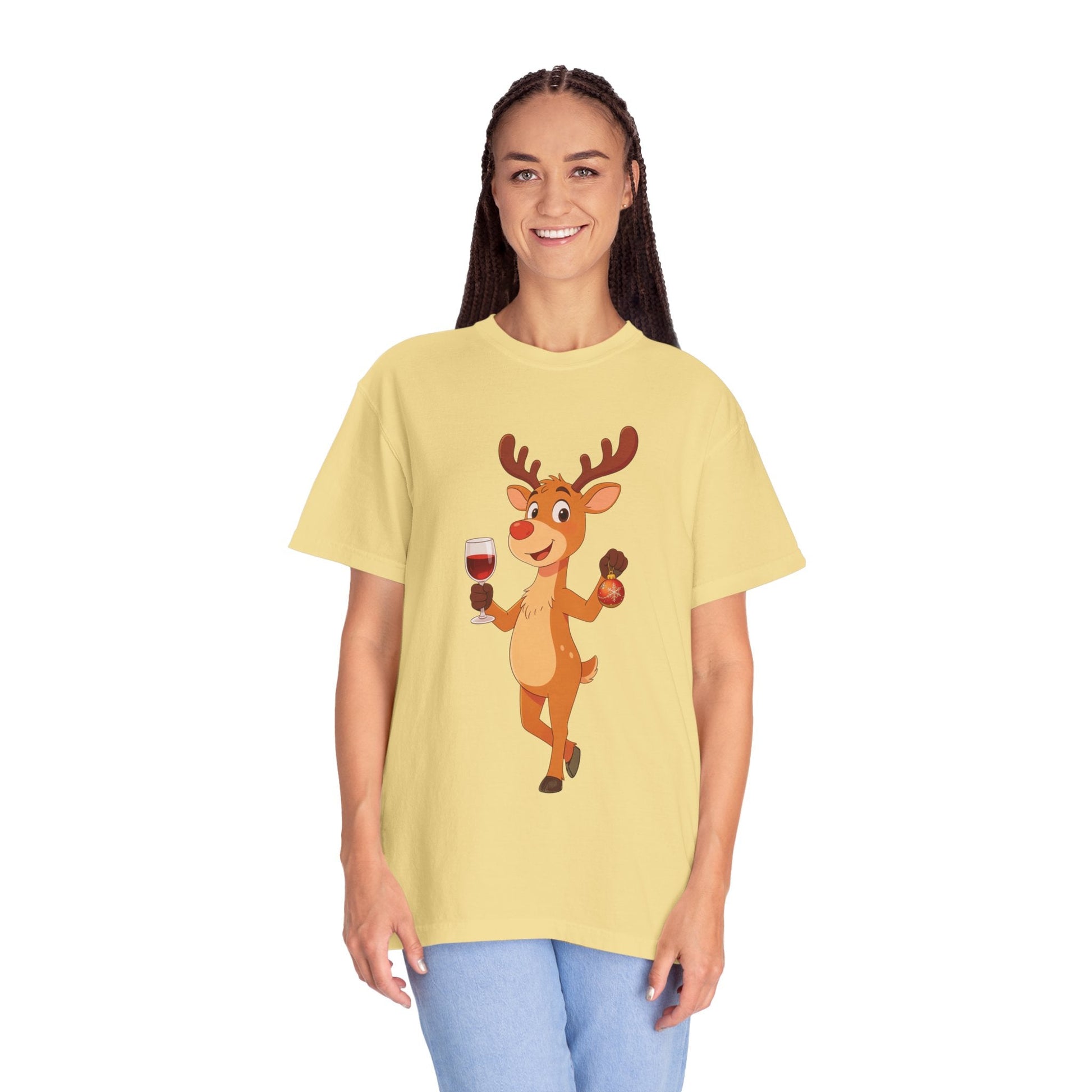 Festive Reindeer Revelry: Cartoon Holiday Celebration, Whimsical Christmas Character DesignT-Shirt – Custom T-Shirt by PixelCraft360, unique decoration for events and special gifts