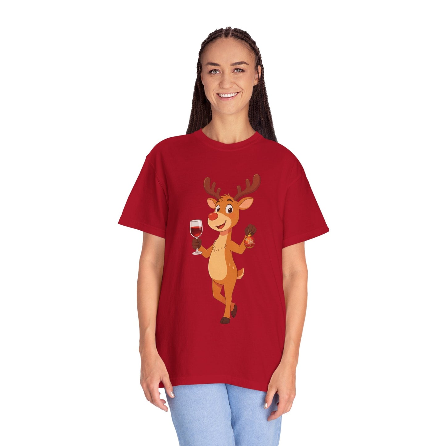 Festive Reindeer Revelry: Cartoon Holiday Celebration, Whimsical Christmas Character DesignT-Shirt – Custom T-Shirt by PixelCraft360, unique decoration for events and special gifts