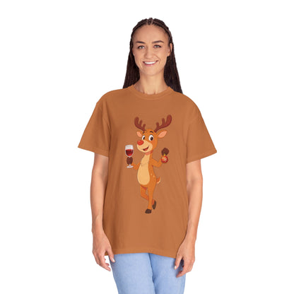 Festive Reindeer Revelry: Cartoon Holiday Celebration, Whimsical Christmas Character DesignT-Shirt – Custom T-Shirt by PixelCraft360, unique decoration for events and special gifts