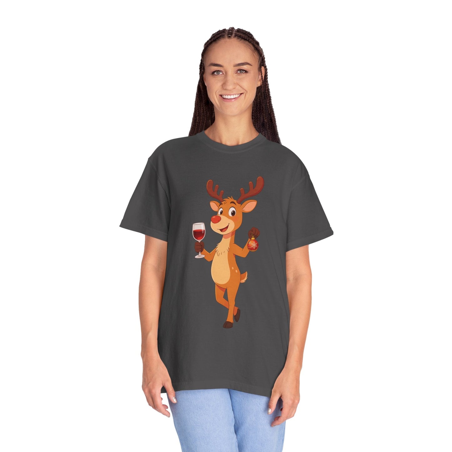 Festive Reindeer Revelry: Cartoon Holiday Celebration, Whimsical Christmas Character DesignT-Shirt – Custom T-Shirt by PixelCraft360, unique decoration for events and special gifts