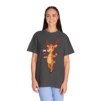 Festive Reindeer Revelry: Cartoon Holiday Celebration, Whimsical Christmas Character DesignT-Shirt – Custom T-Shirt by PixelCraft360, unique decoration for events and special gifts