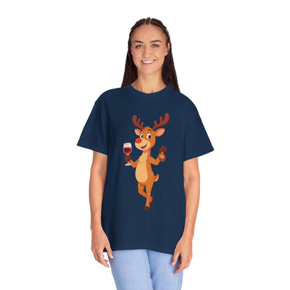 Festive Reindeer Revelry: Cartoon Holiday Celebration, Whimsical Christmas Character DesignT-Shirt – Custom T-Shirt by PixelCraft360, unique decoration for events and special gifts