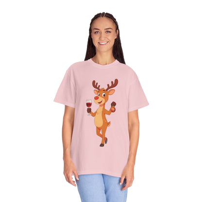 Festive Reindeer Revelry: Cartoon Holiday Celebration, Whimsical Christmas Character DesignT-Shirt – Custom T-Shirt by PixelCraft360, unique decoration for events and special gifts